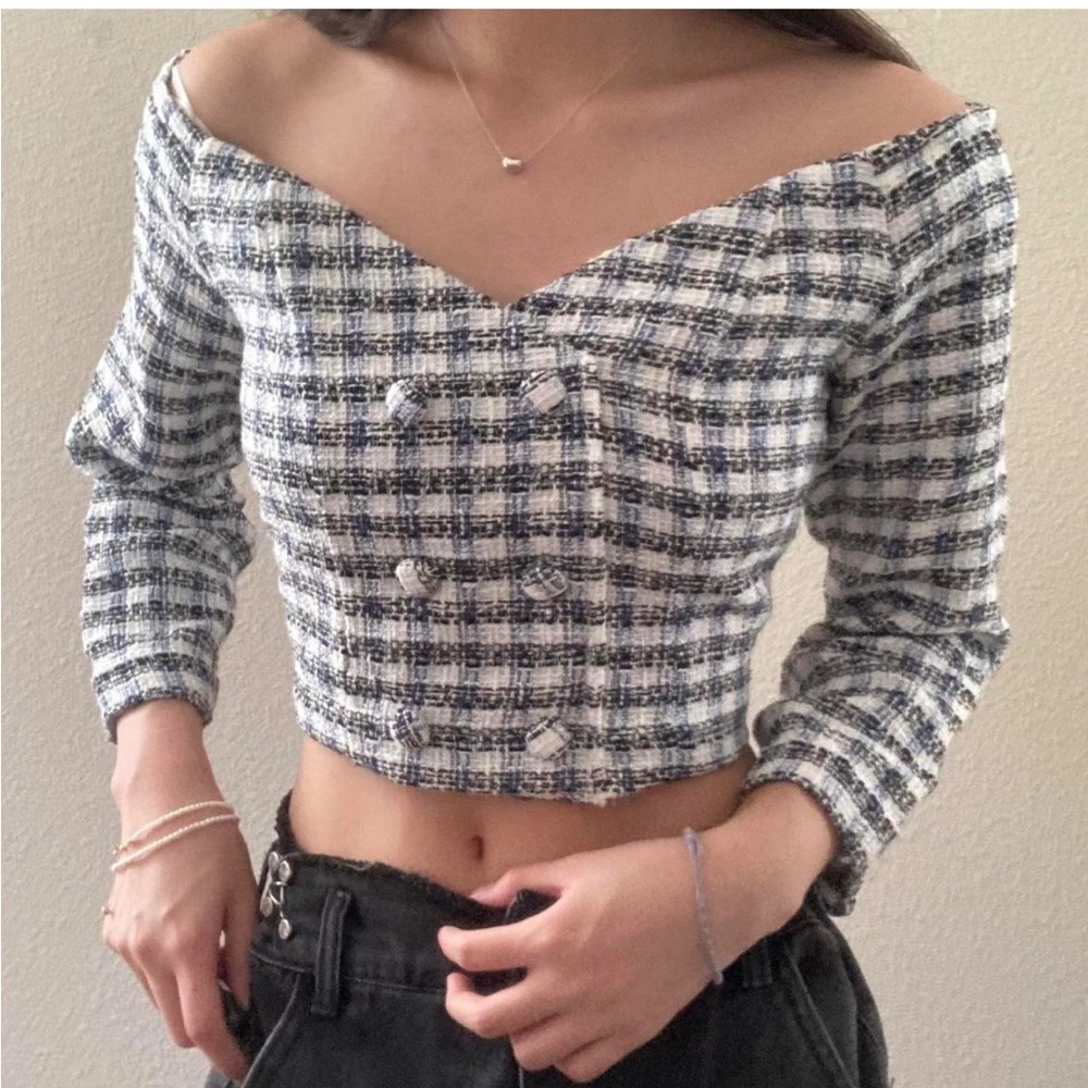NWT Zara Tweed Off the Shoulder Crop Top